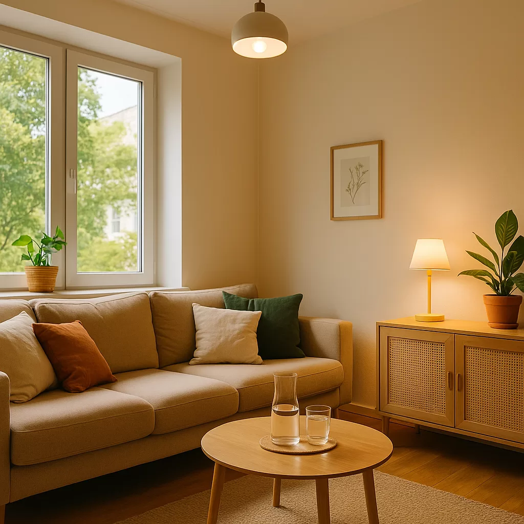 Hogar iluminado con luz natural y bombillas LED mostrando cómo ahorrar energía en casa