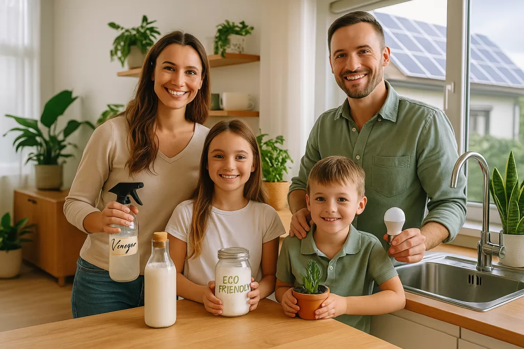 Familia ahorrando dinero con hábitos sostenibles en casa moderna eco-friendly