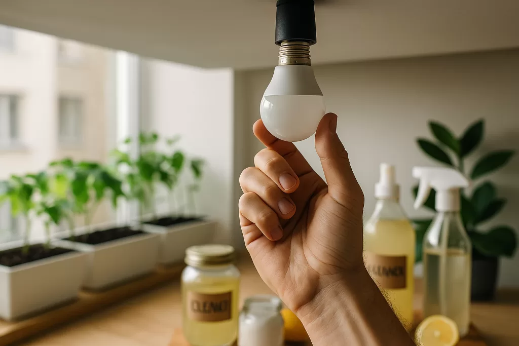 Mano enroscando bombilla LED en un hogar verde con huerto urbano y frascos ecológicos